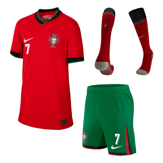 Kid's Portugal #7 RONALDO Home Jerseys Euro 2024(Short+shorts+socks)